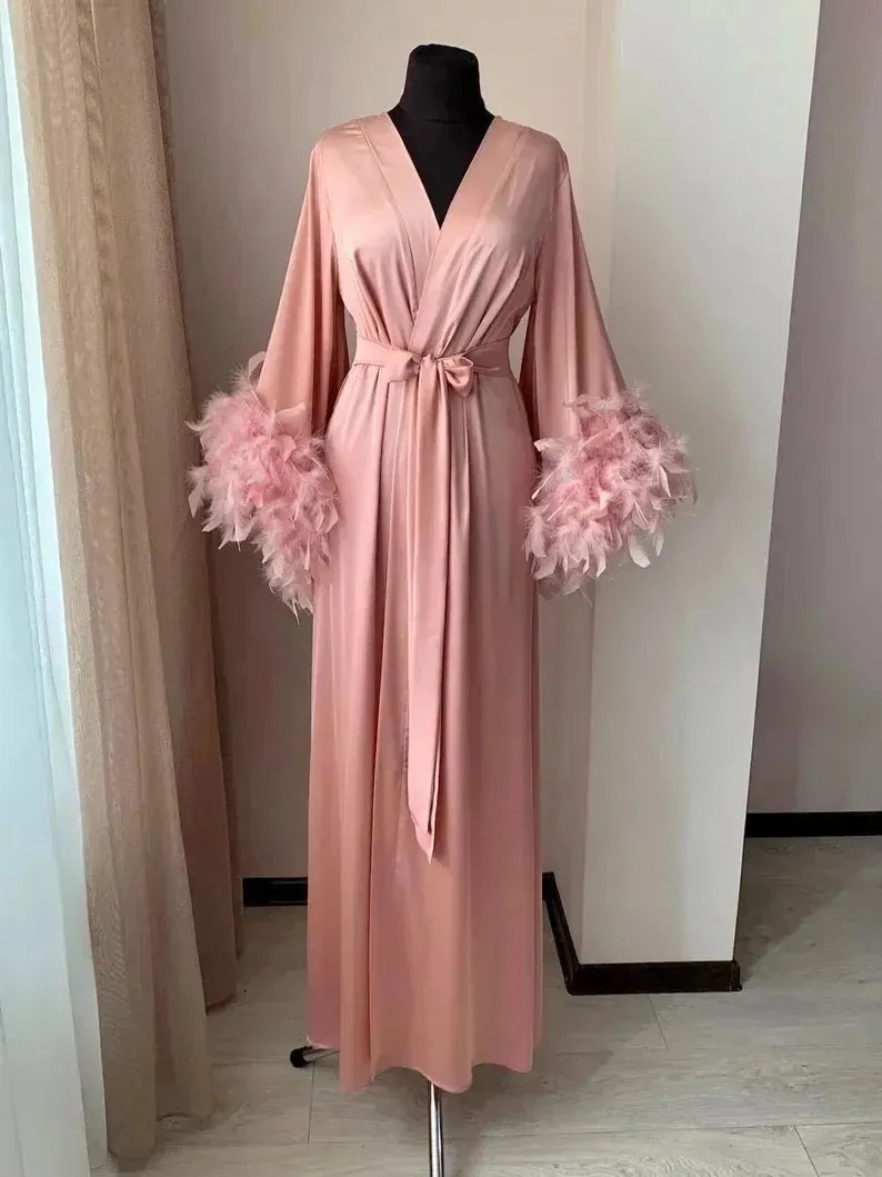 Luxury Wedding Floor-Length Silk Lingerie with Feather Blush