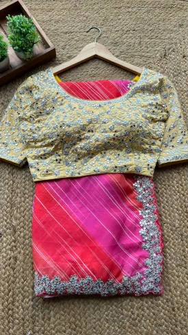 Multi soft organza saree with embroidery yellow blouse