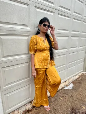 Mustard Magic: Mini Silk Foil Print Co-Ord Set with Angarakh Model