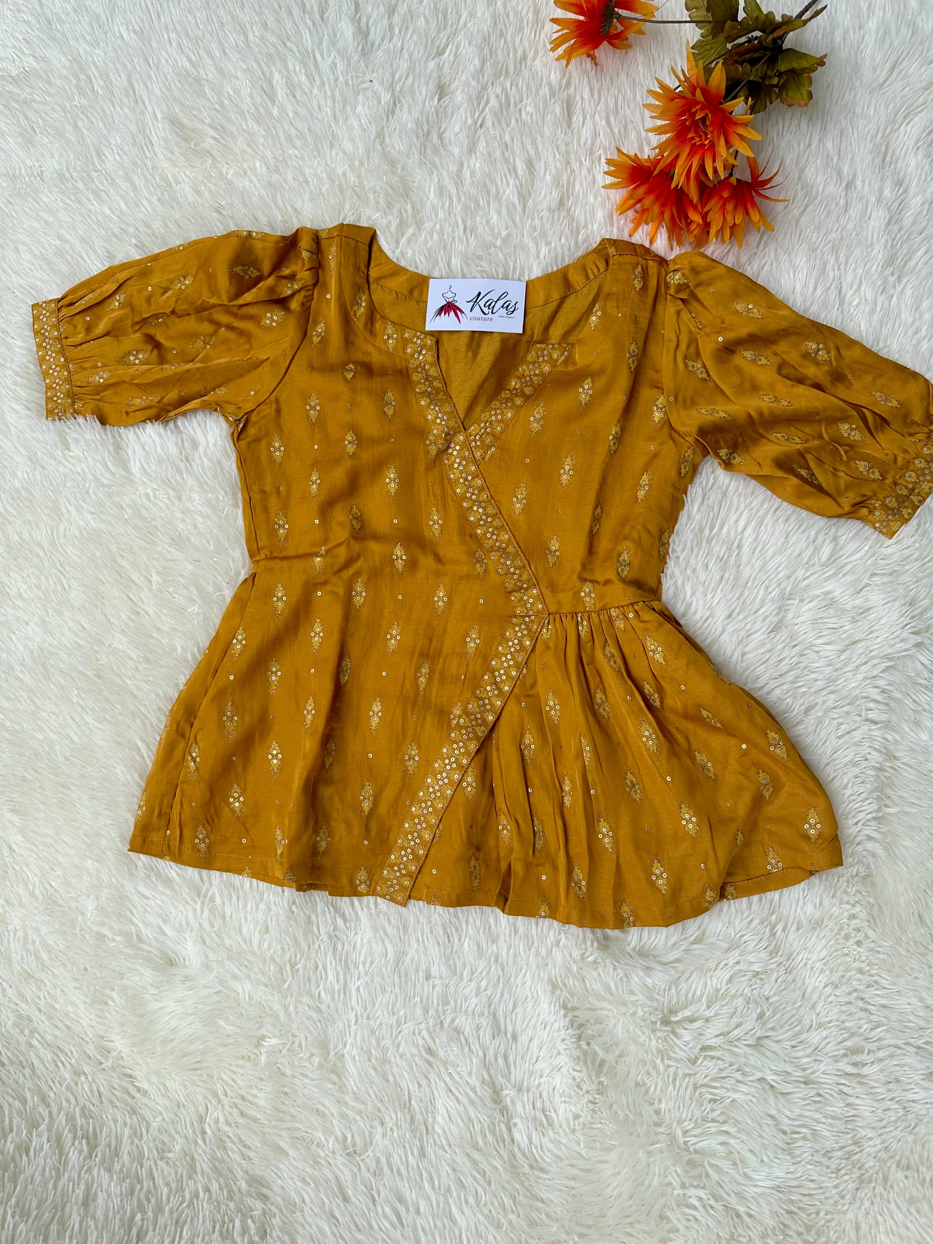 Mustard Magic: Mini Silk Foil Print Co-Ord Set with Angarakh Model