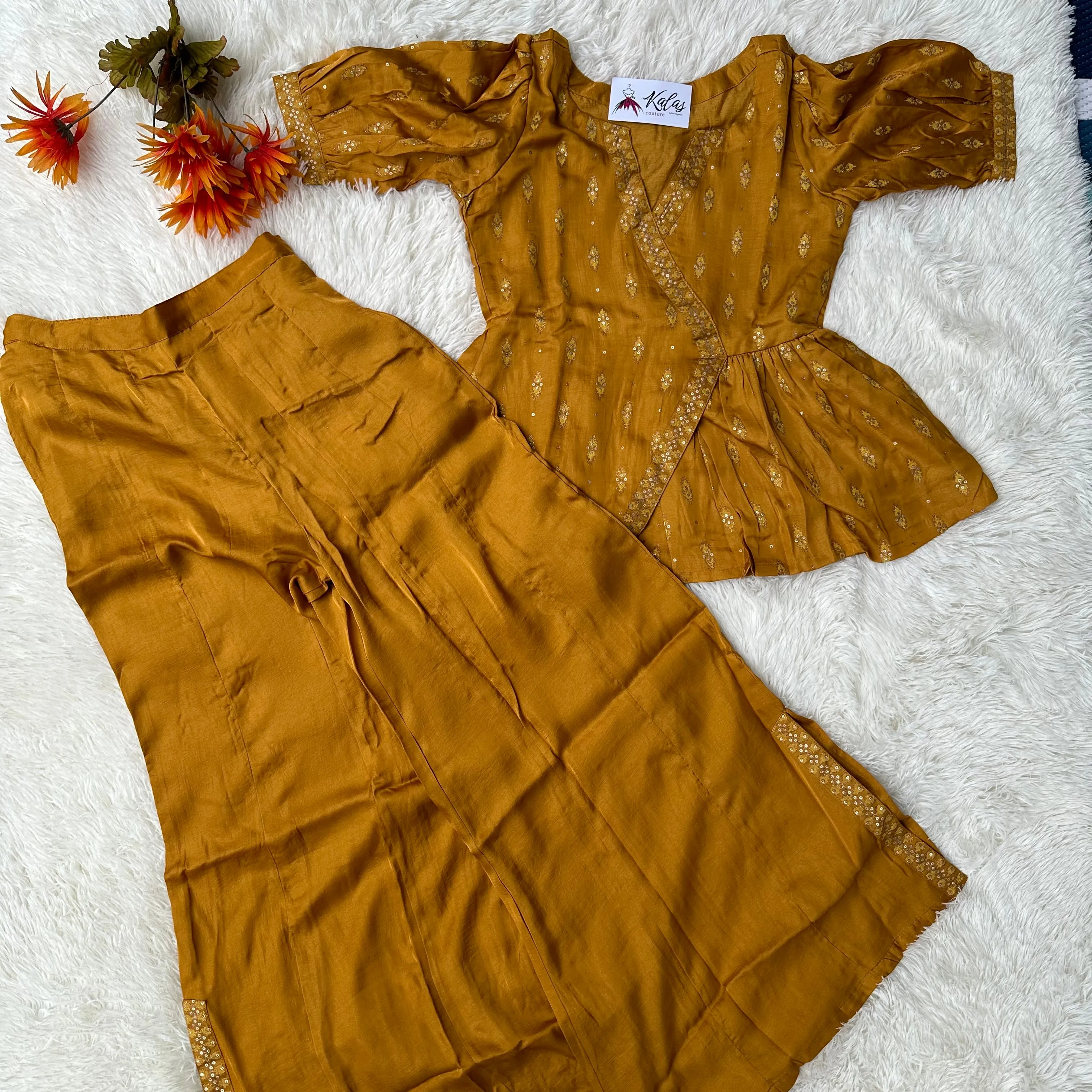 Mustard Magic: Mini Silk Foil Print Co-Ord Set with Angarakh Model