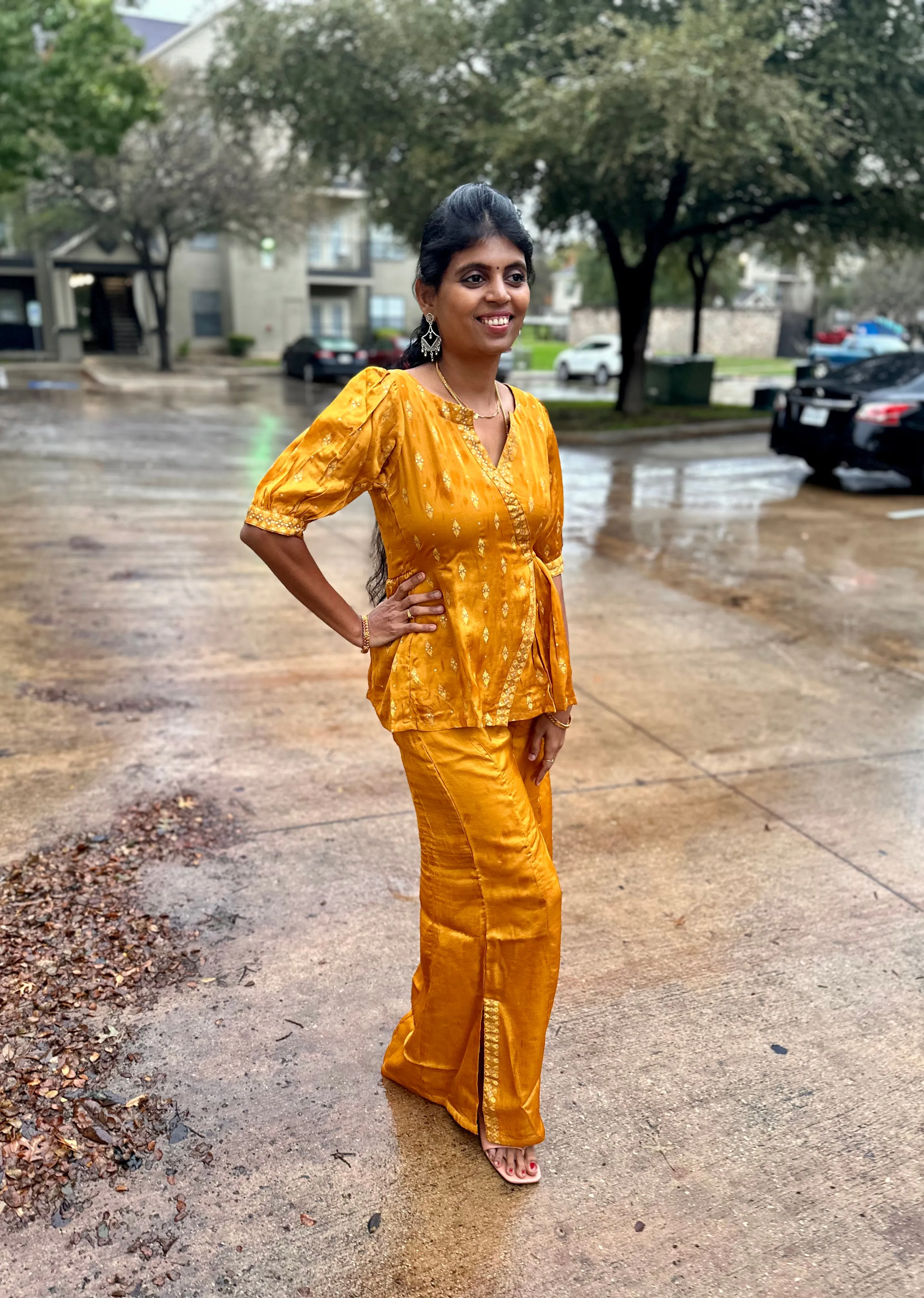 Mustard Magic: Mini Silk Foil Print Co-Ord Set with Angarakh Model