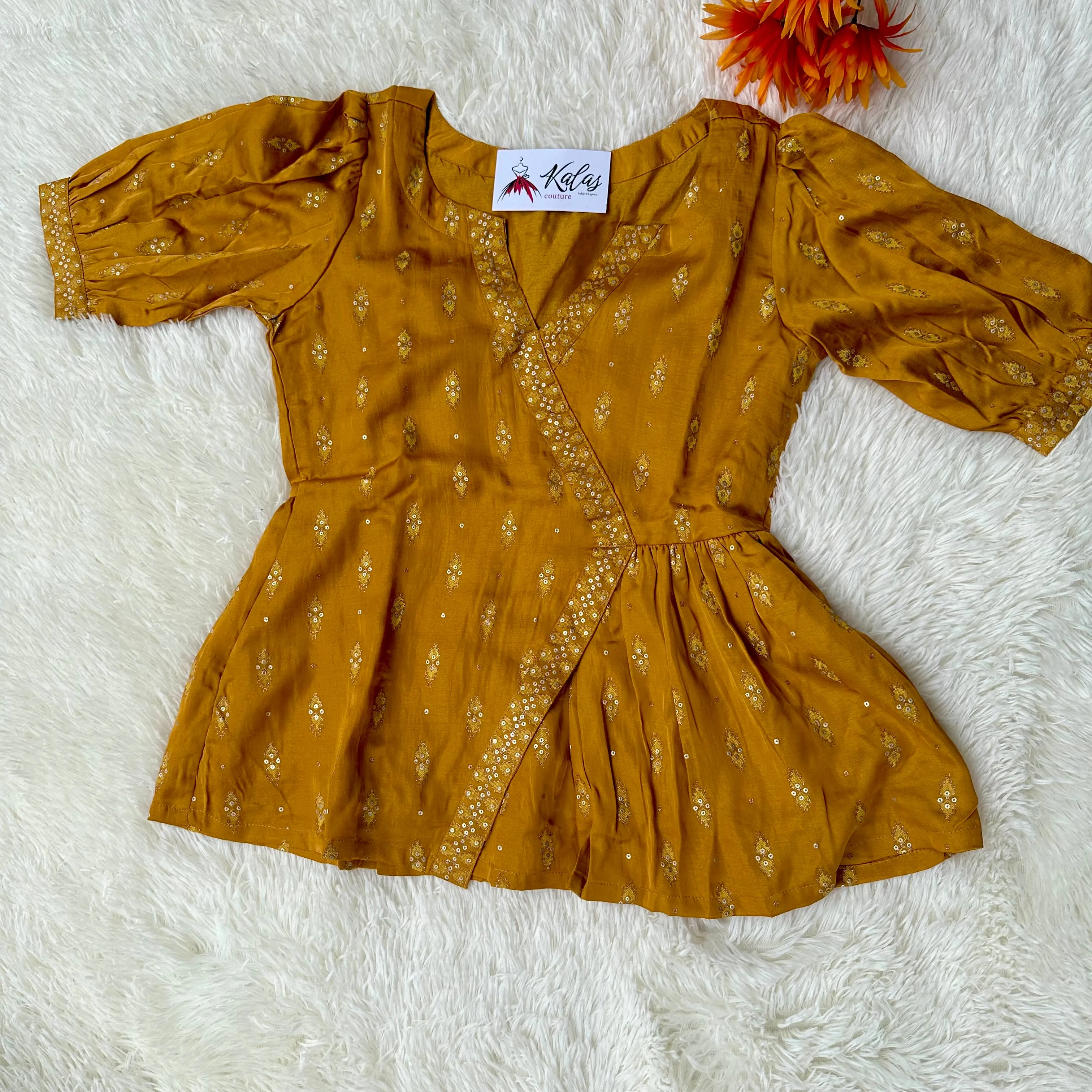 Mustard Magic: Mini Silk Foil Print Co-Ord Set with Angarakh Model