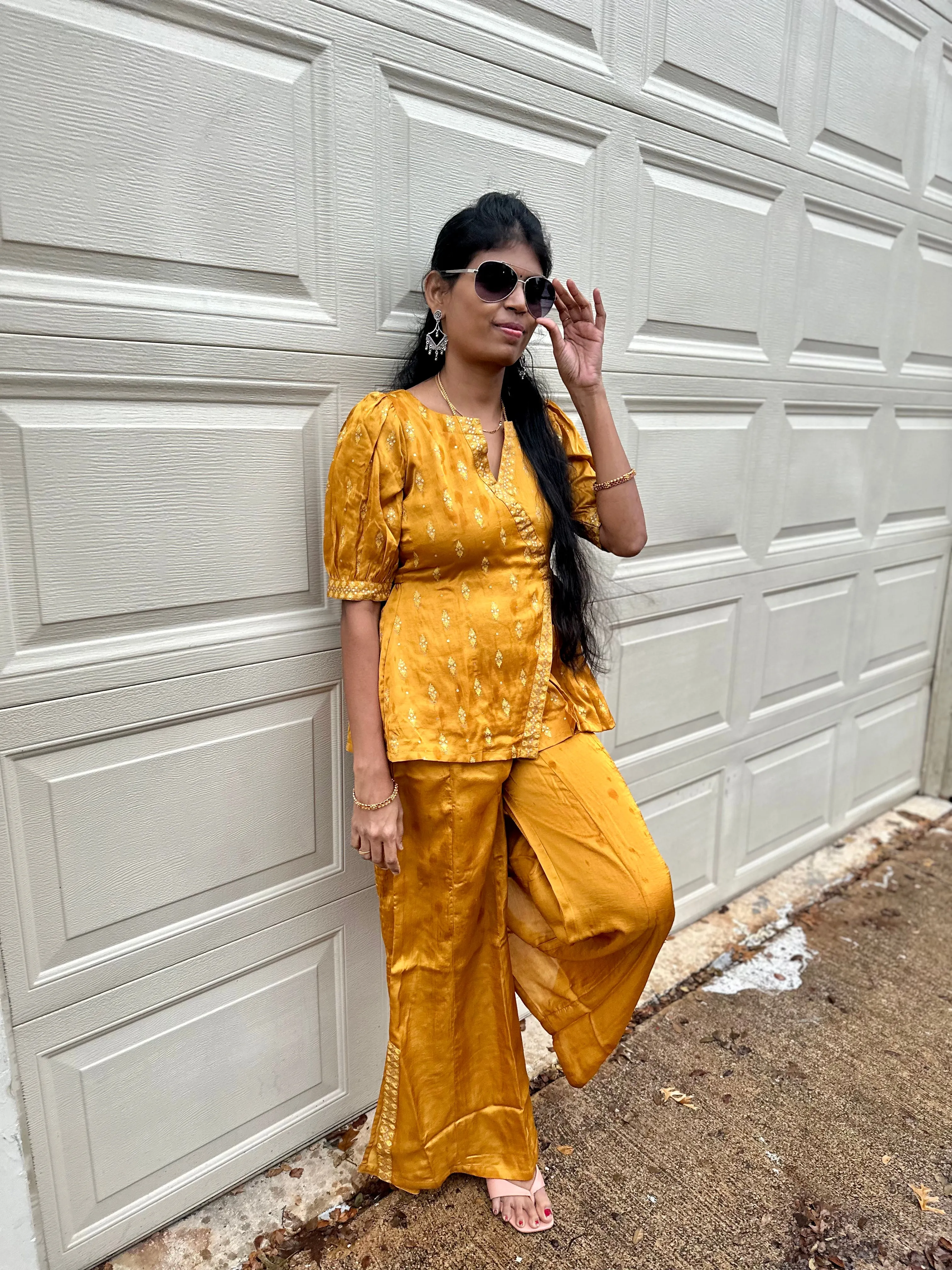 Mustard Magic: Mini Silk Foil Print Co-Ord Set with Angarakh Model