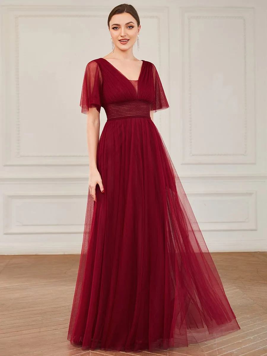 Pleated A-Line Short Sleeve Wide Waist Tulle Bridesmaid Dress
