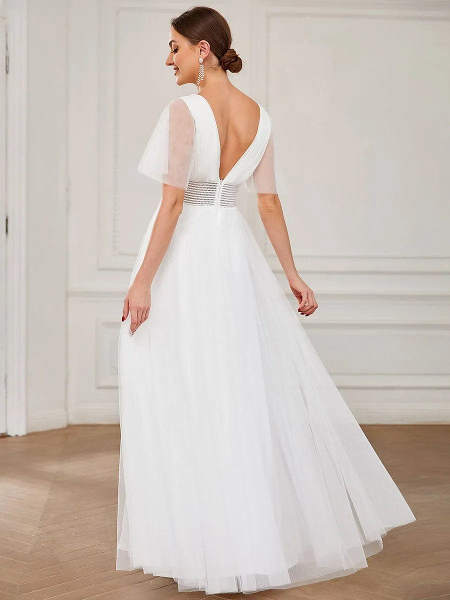 Pleated A-Line Short Sleeve Wide Waist Tulle Bridesmaid Dress