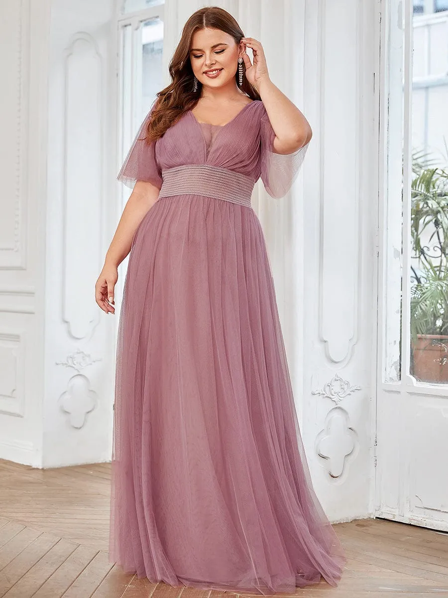 Pleated A-Line Short Sleeve Wide Waist Tulle Bridesmaid Dress