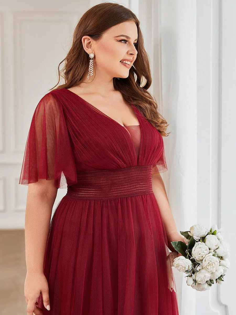 Pleated A-Line Short Sleeve Wide Waist Tulle Bridesmaid Dress