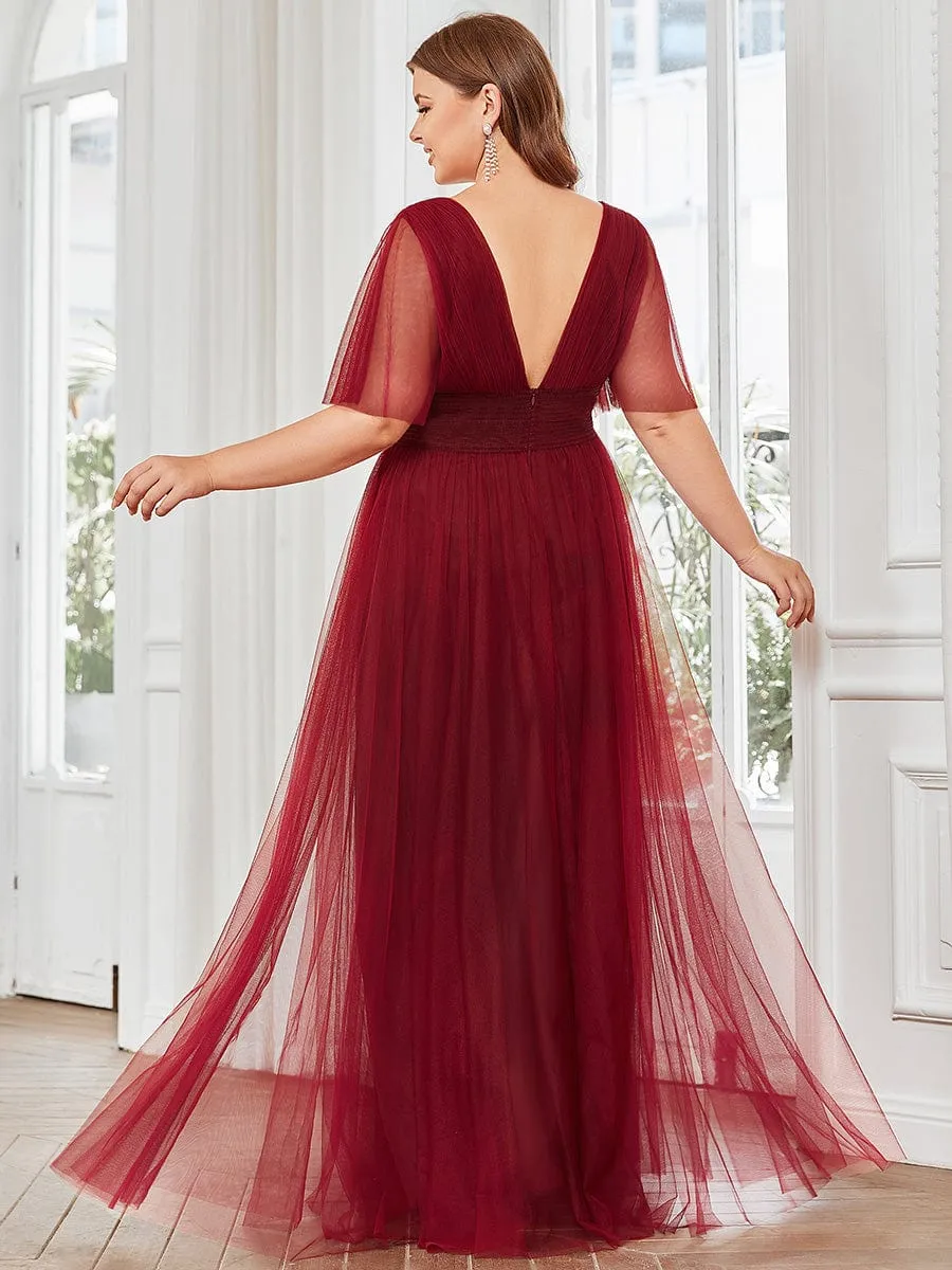 Pleated A-Line Short Sleeve Wide Waist Tulle Bridesmaid Dress