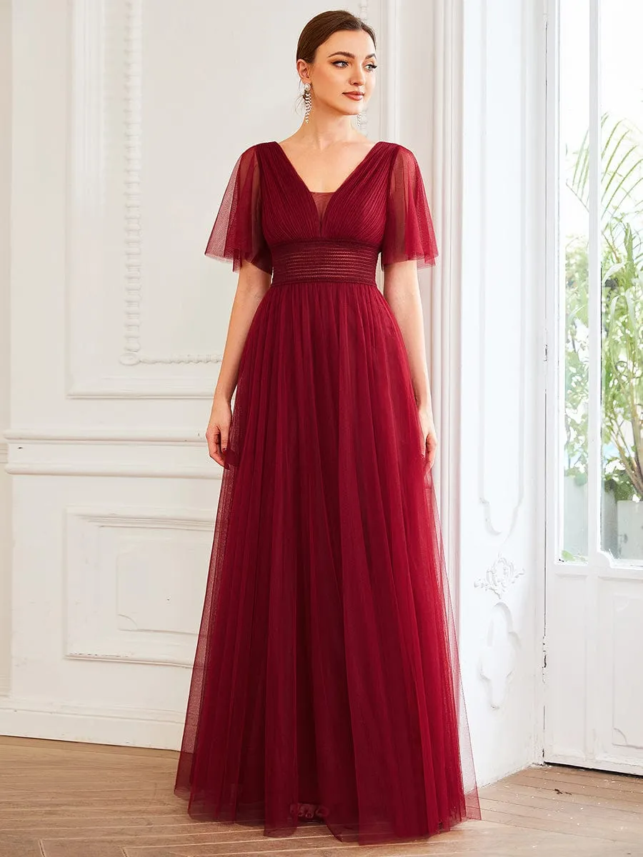 Pleated A-Line Short Sleeve Wide Waist Tulle Bridesmaid Dress