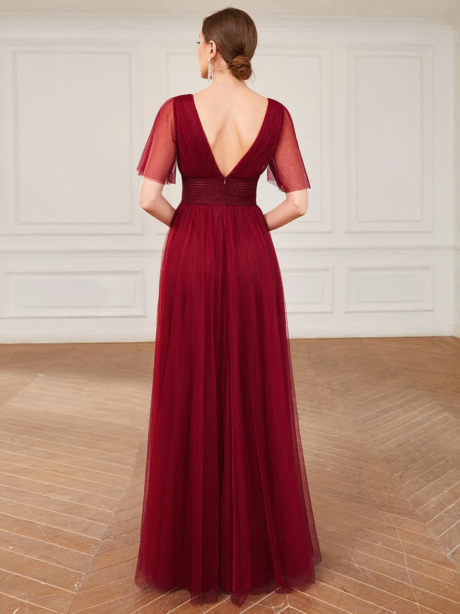 Pleated A-Line Short Sleeve Wide Waist Tulle Bridesmaid Dress