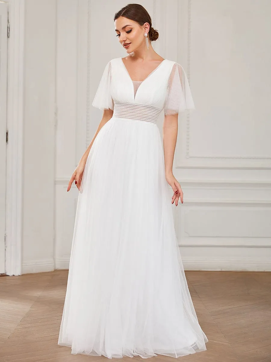 Pleated A-Line Short Sleeve Wide Waist Tulle Bridesmaid Dress