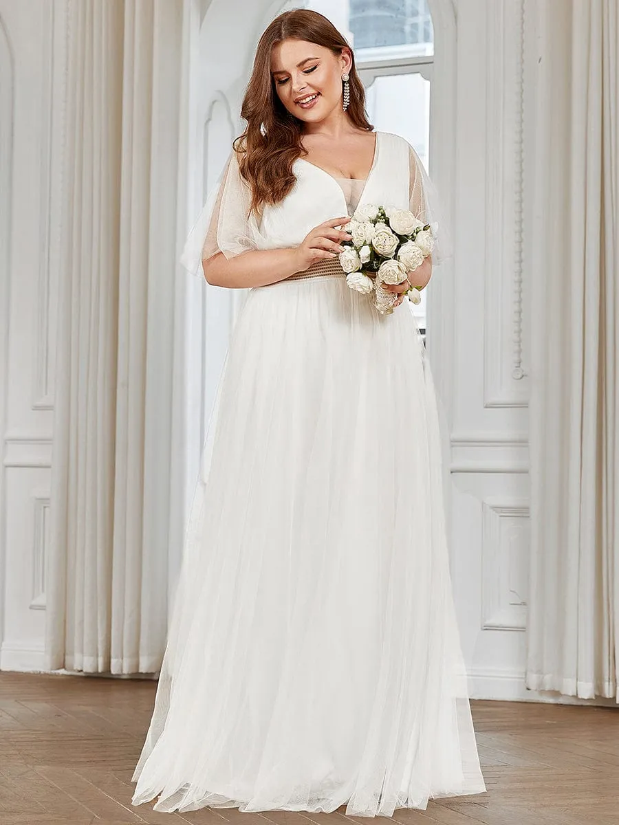 Pleated A-Line Short Sleeve Wide Waist Tulle Bridesmaid Dress