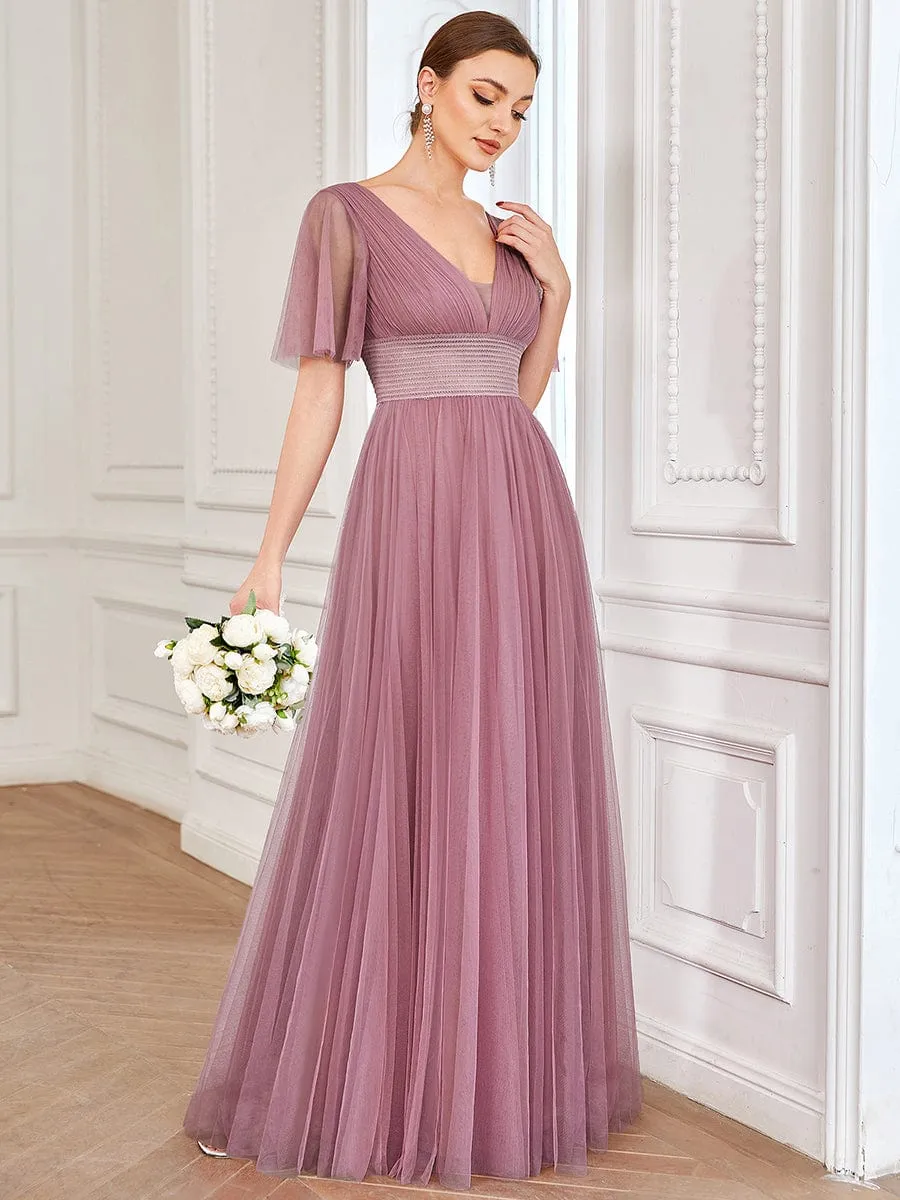 Pleated A-Line Short Sleeve Wide Waist Tulle Bridesmaid Dress