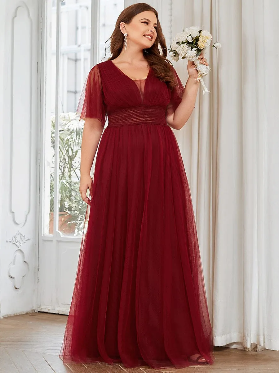 Pleated A-Line Short Sleeve Wide Waist Tulle Bridesmaid Dress
