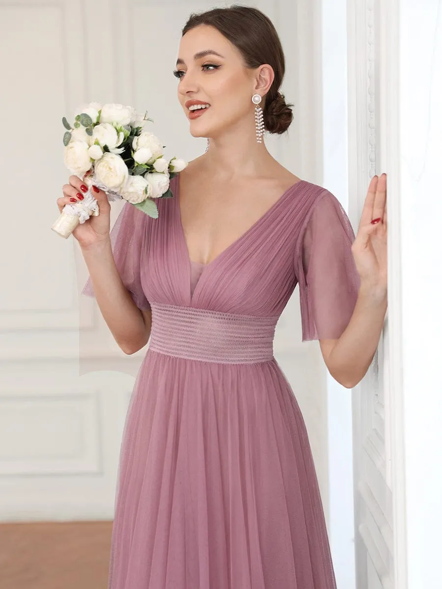 Pleated A-Line Short Sleeve Wide Waist Tulle Bridesmaid Dress