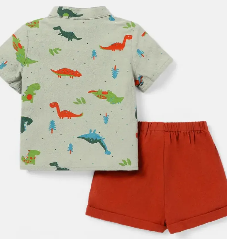 PP-PatPat 2pcs Baby Boy Cotton Short-sleeved Allover Dinosaur Print Shirt And Solid Shorts Set PP33