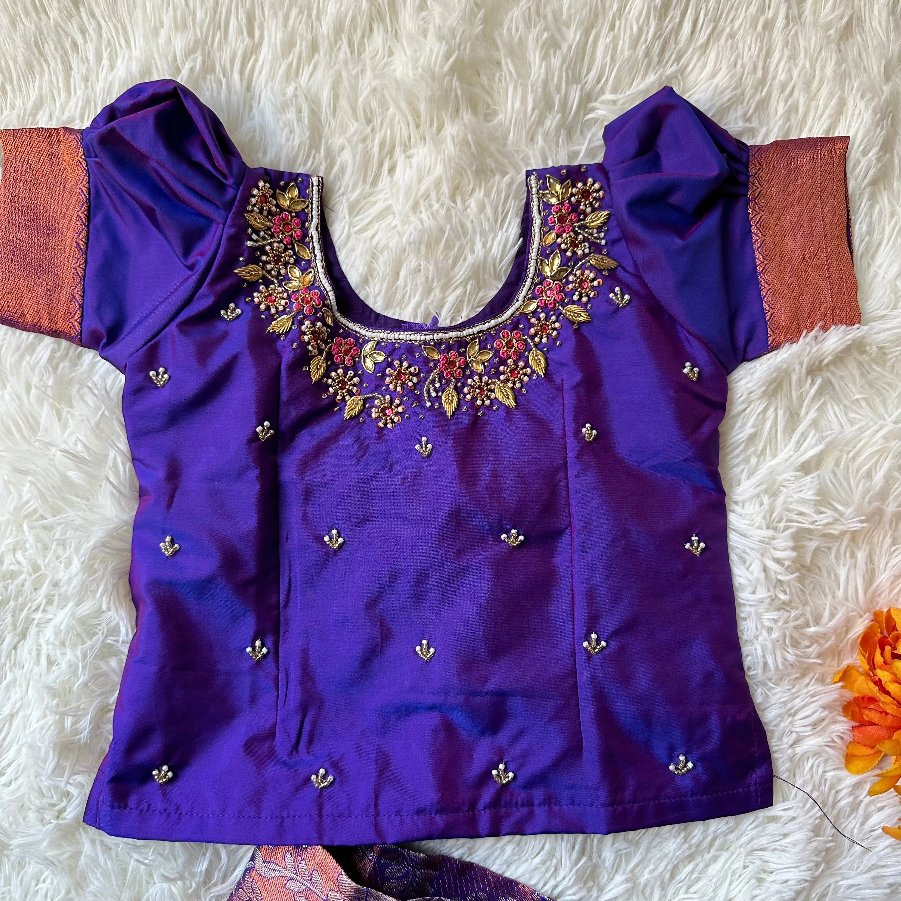 PRE ORDER : Dazzling Violet: Silver Zari Skirt and Aari Work Top in Luxurious Semi-Silk