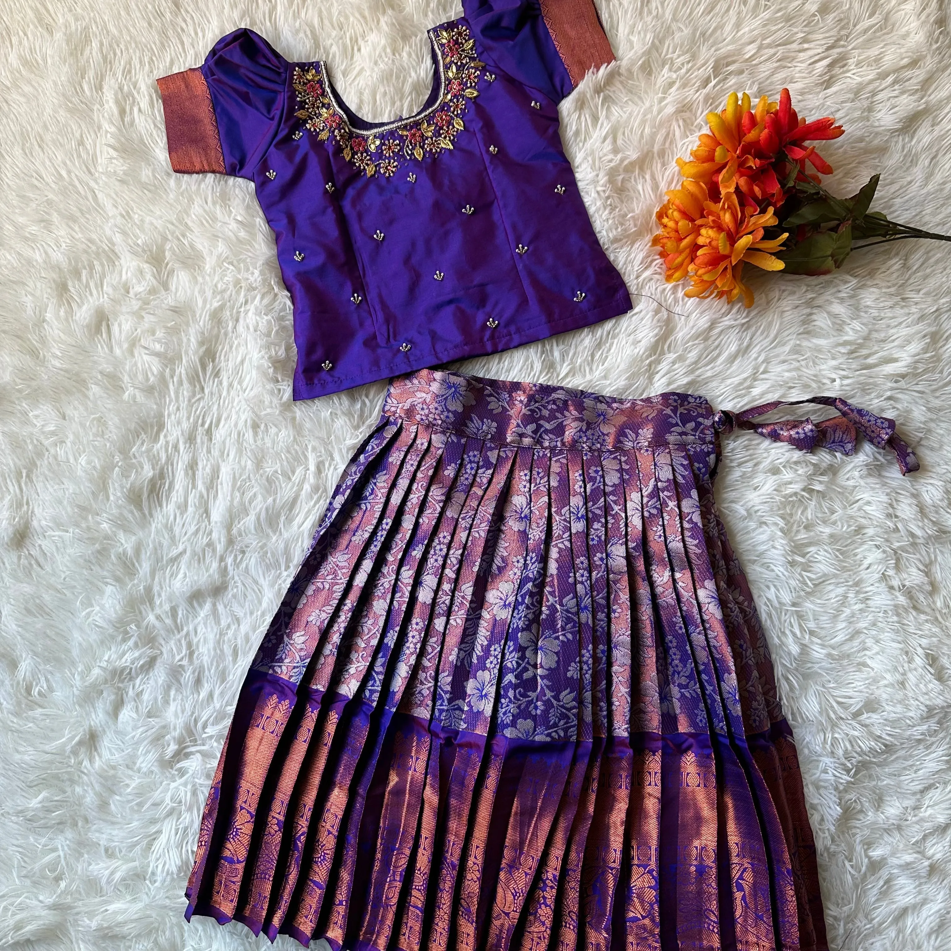 PRE ORDER : Dazzling Violet: Silver Zari Skirt and Aari Work Top in Luxurious Semi-Silk