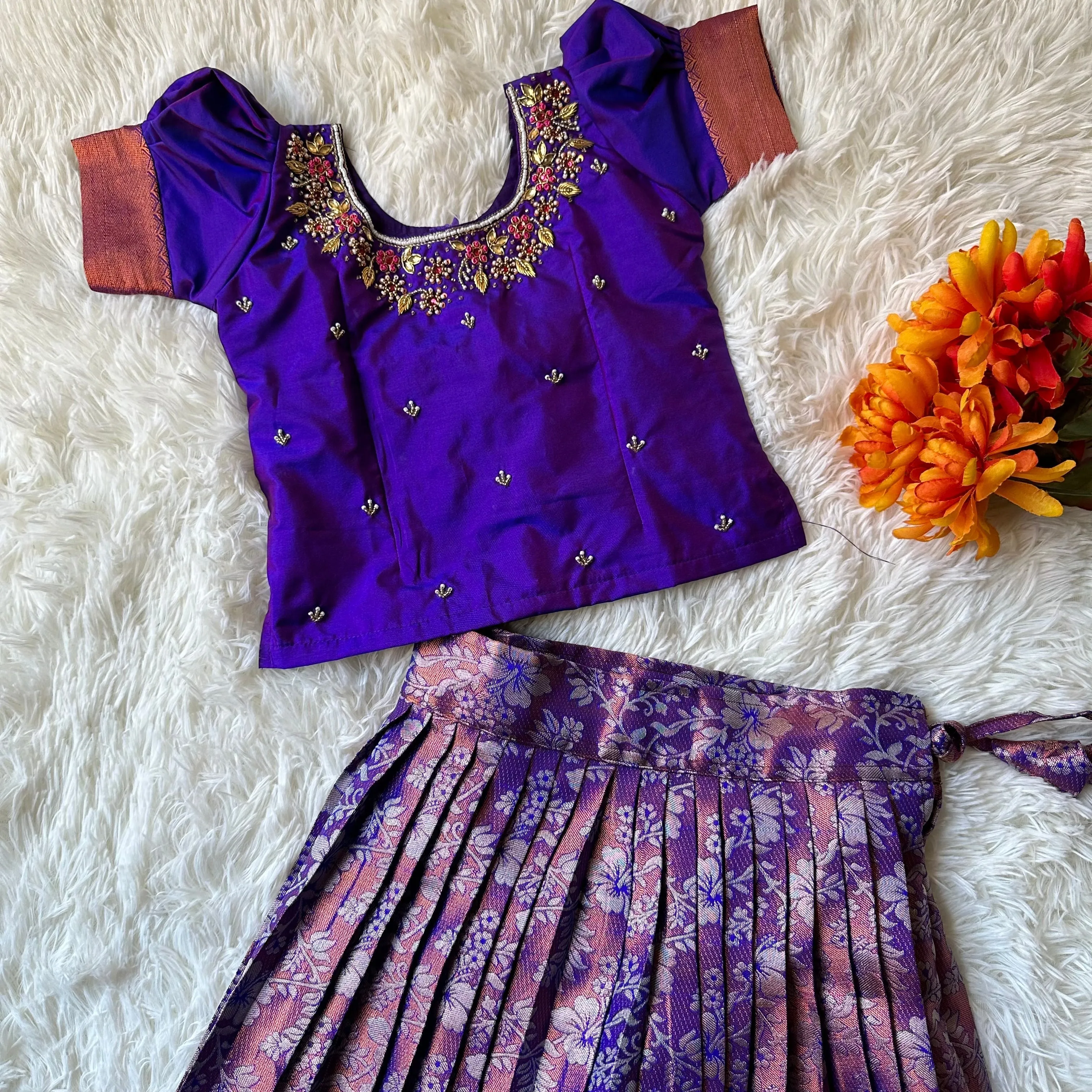 PRE ORDER : Dazzling Violet: Silver Zari Skirt and Aari Work Top in Luxurious Semi-Silk