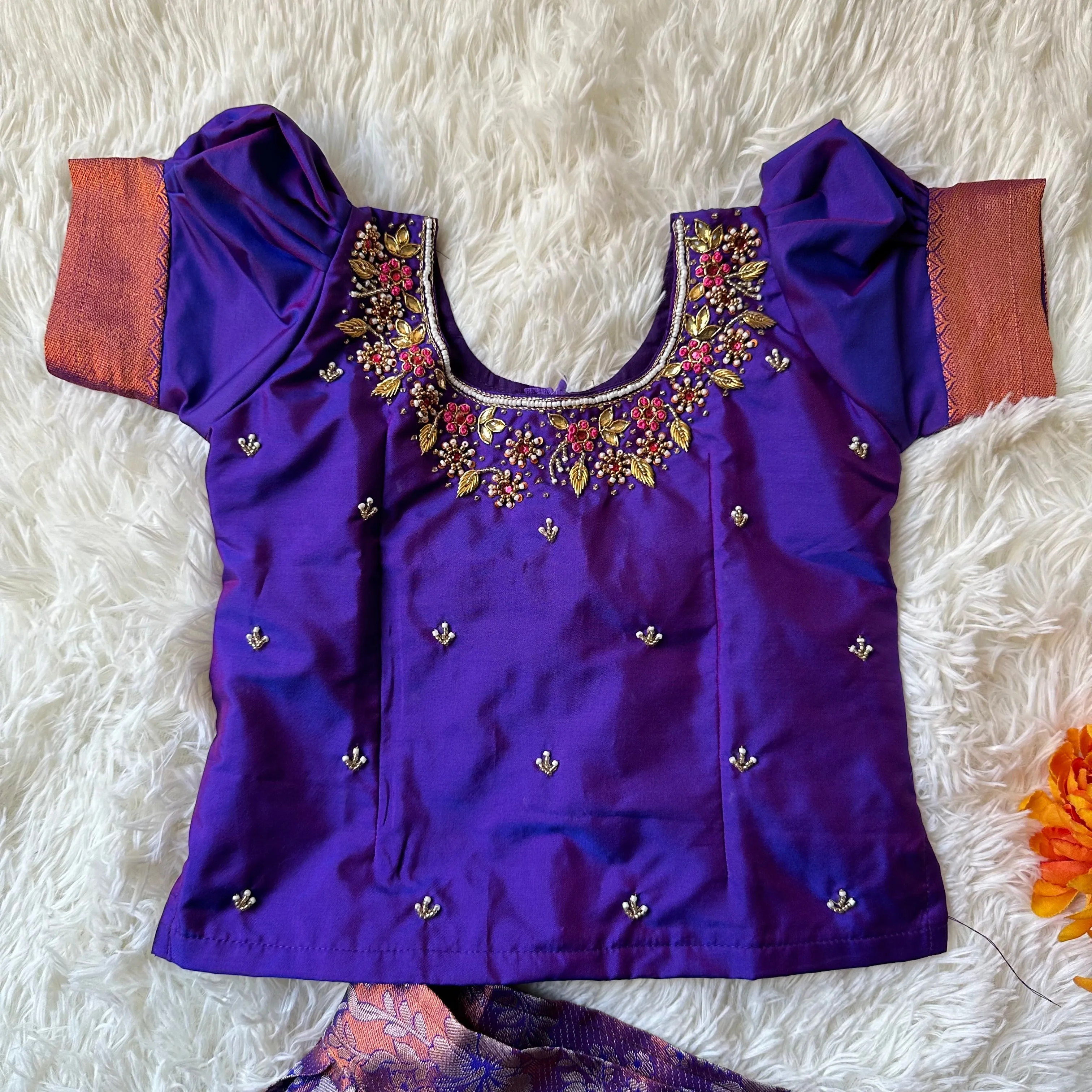 PRE ORDER : Dazzling Violet: Silver Zari Skirt and Aari Work Top in Luxurious Semi-Silk