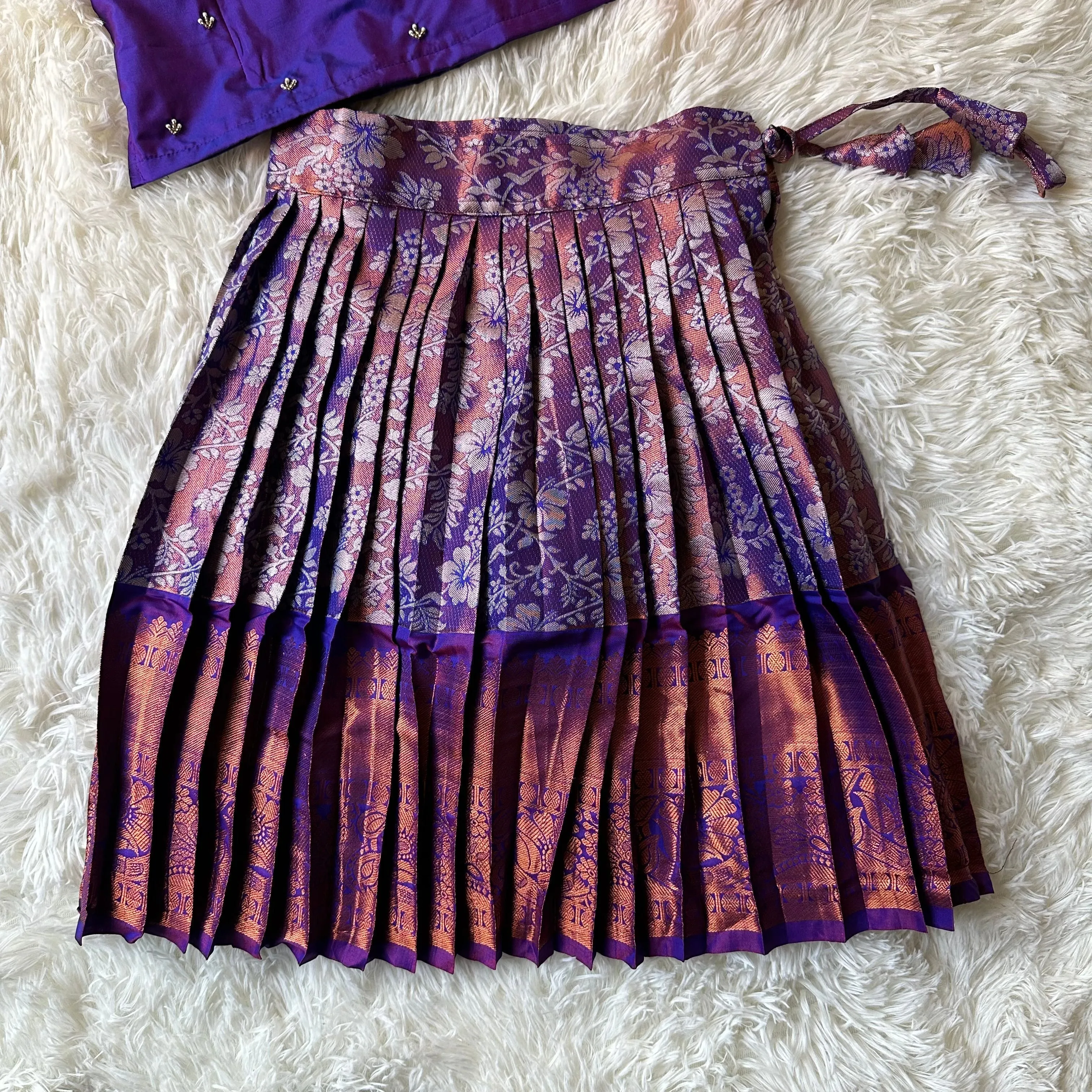 PRE ORDER : Dazzling Violet: Silver Zari Skirt and Aari Work Top in Luxurious Semi-Silk