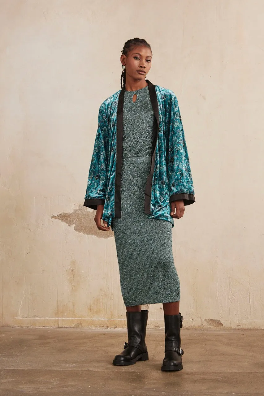 Printed Velvet Short Kimono in emerald by NKN