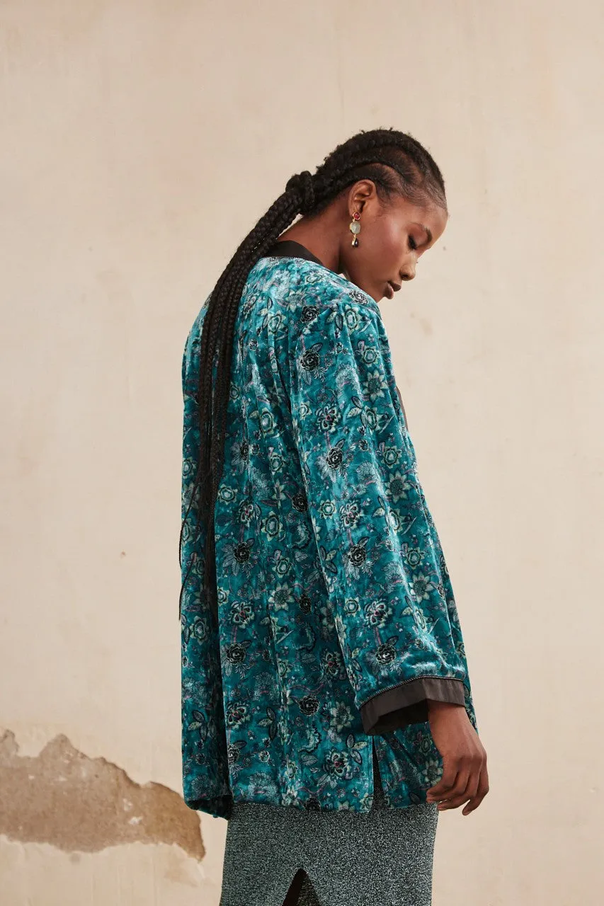 Printed Velvet Short Kimono in emerald by NKN