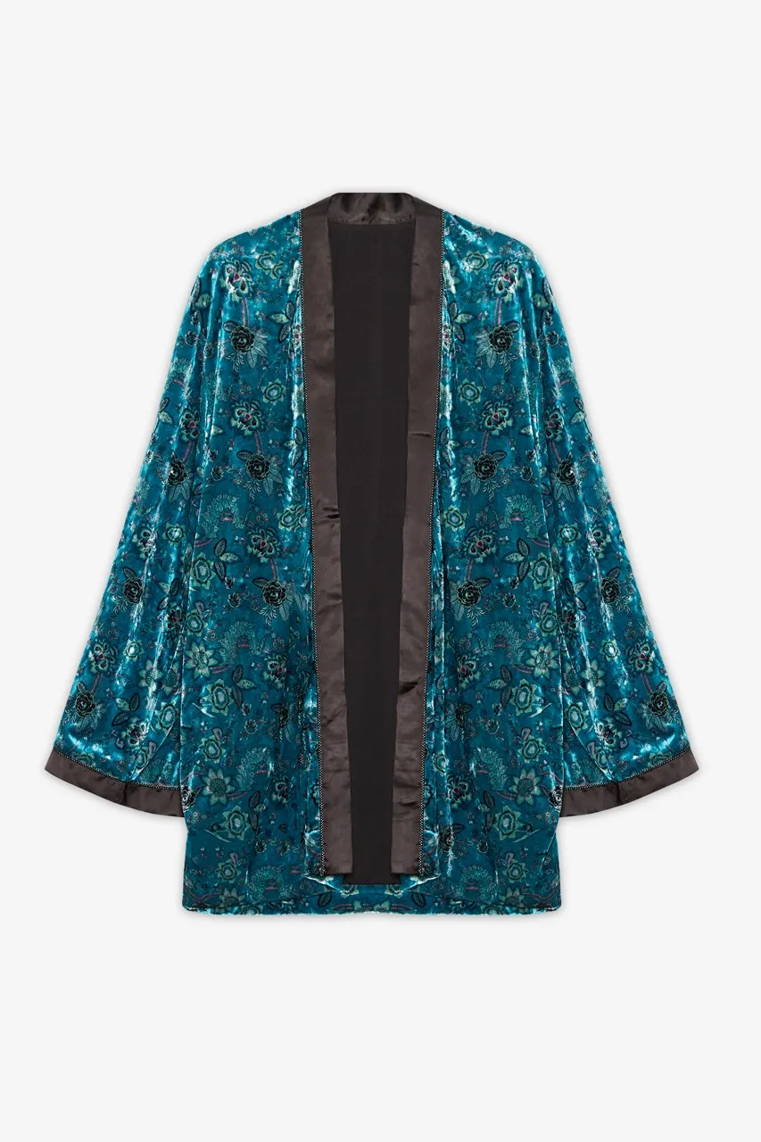 Printed Velvet Short Kimono in emerald by NKN