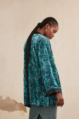 Printed Velvet Short Kimono in emerald by NKN