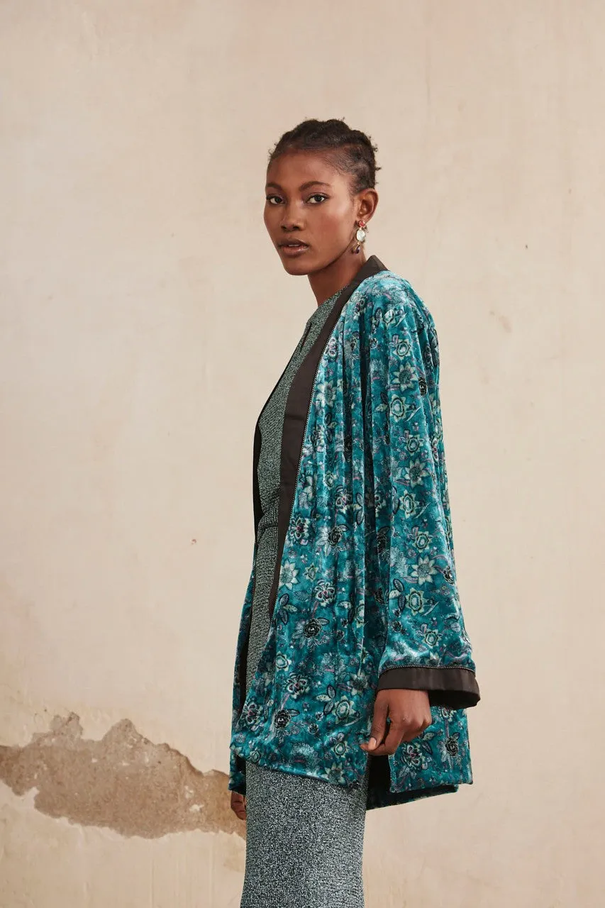 Printed Velvet Short Kimono in emerald by NKN