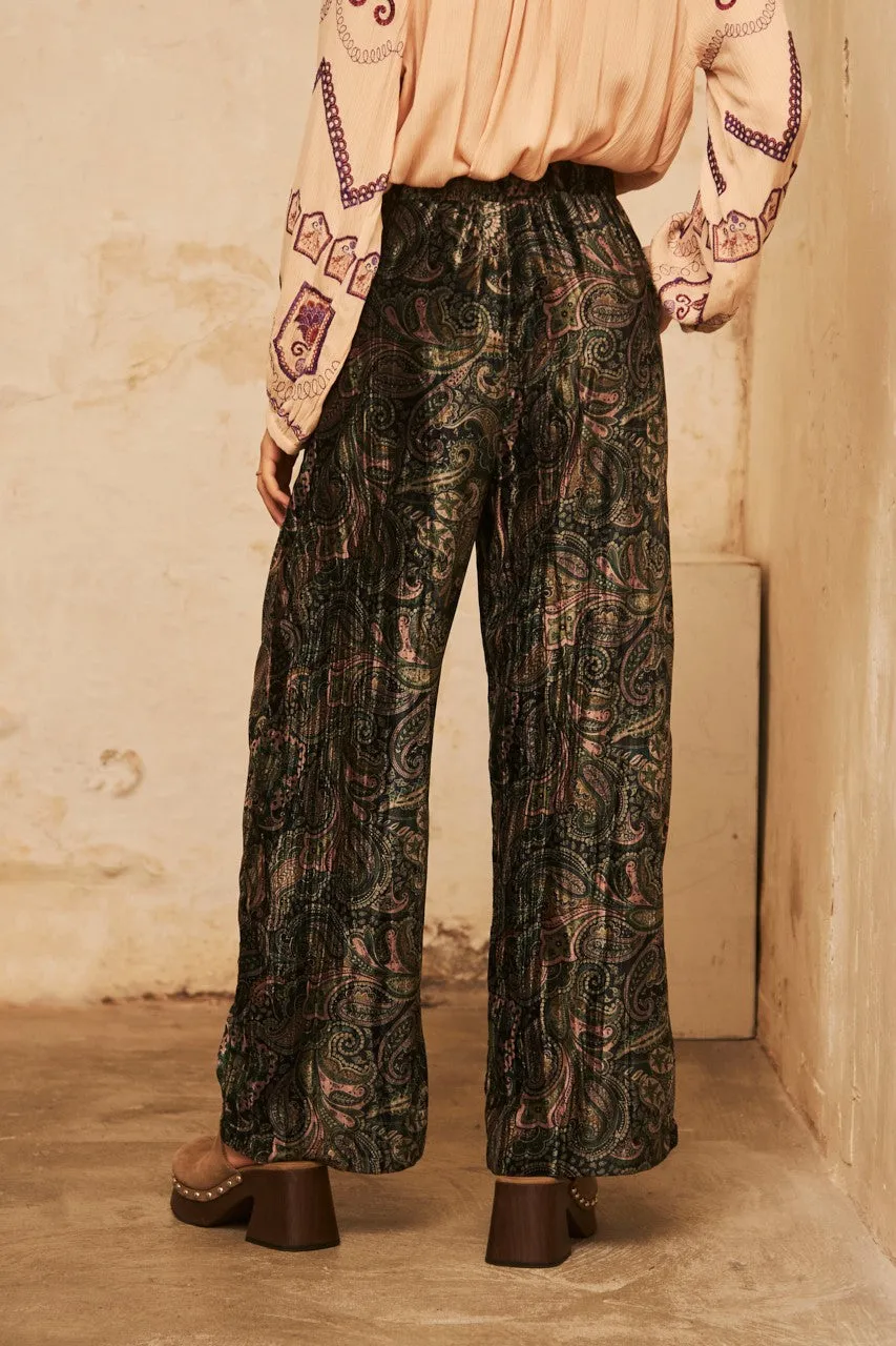 Luxurious Dark Green Printed Velvet Trousers by NKN - Stylish & Comfortable Pants for Any Occasion