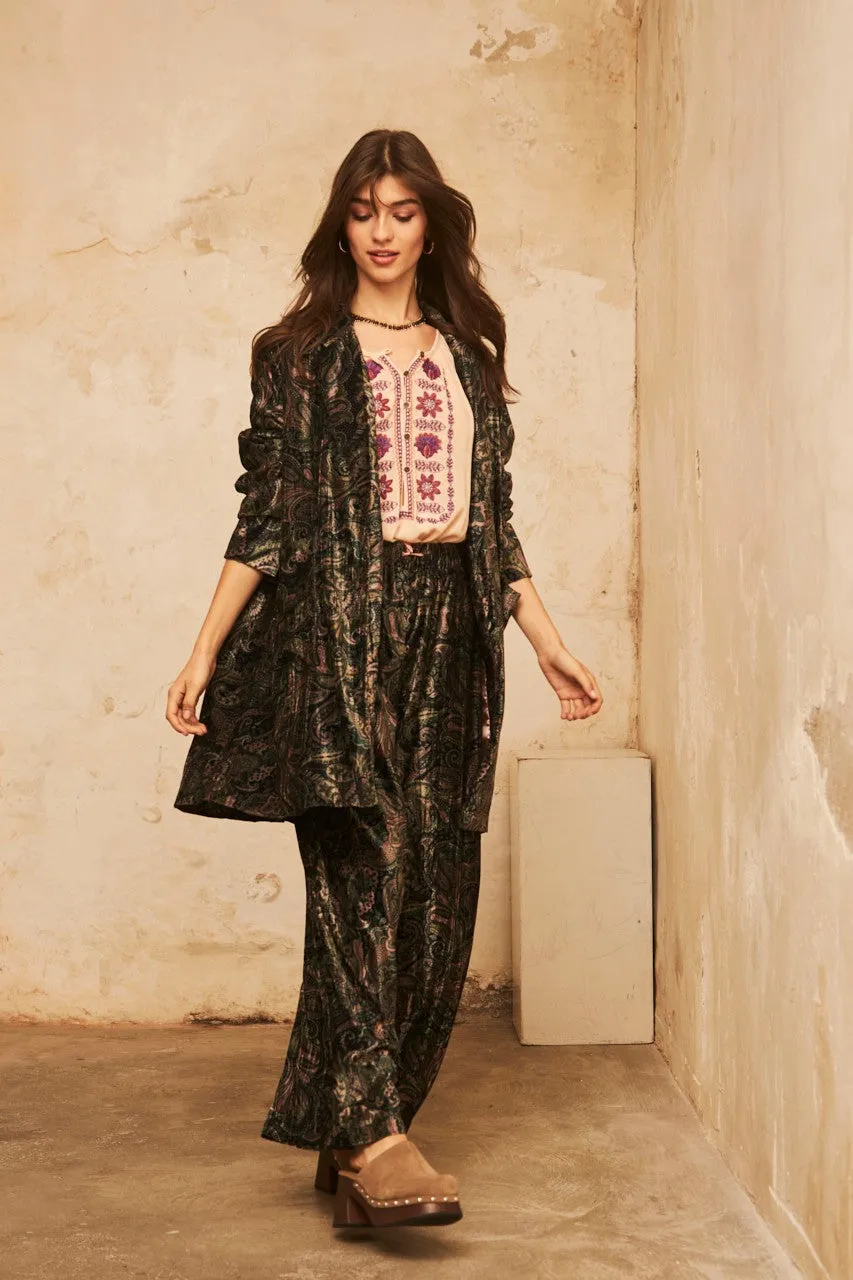 Luxurious Dark Green Printed Velvet Trousers by NKN - Stylish & Comfortable Pants for Any Occasion