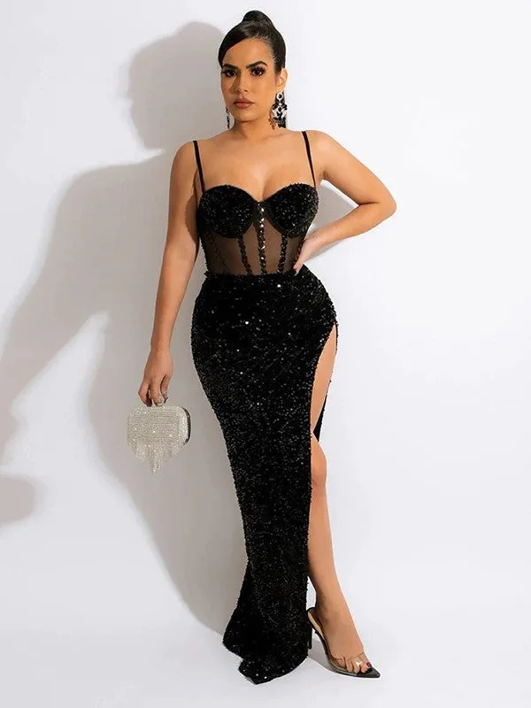 Royal Blue Sheath Spaghetti Straps Sleeveless Long Sweep Train Velvet Sequin Prom Dress (AF1054)