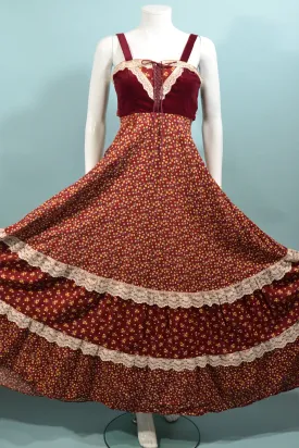 SOLD Gunne Sax Corset Lace Up, Velvet Calico Cottagecore Prairie Dress XXS