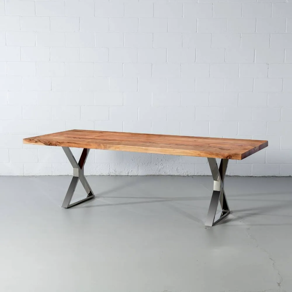 Straight Cut Acacia Wood Table with Chrome X-Shaped Legs/Natural Colour