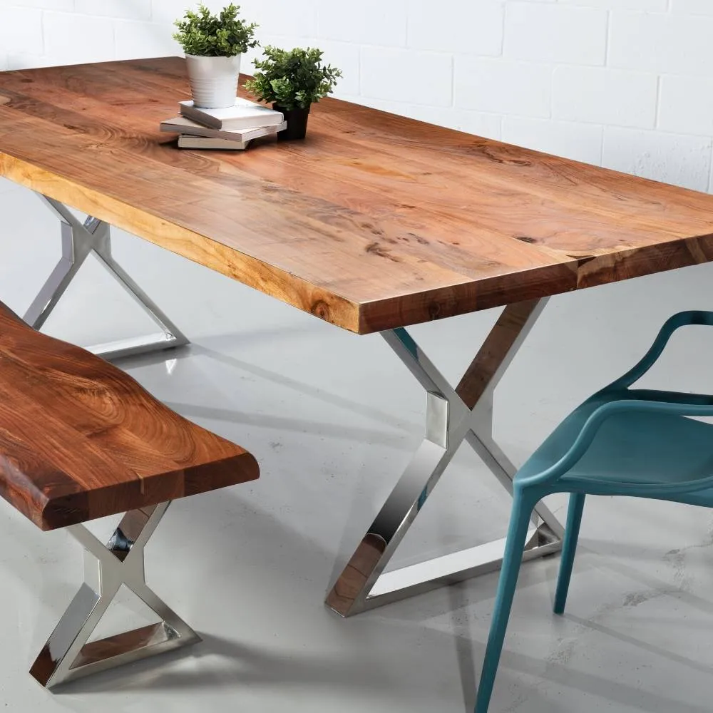 Straight Cut Acacia Wood Table with Chrome X-Shaped Legs/Natural Colour
