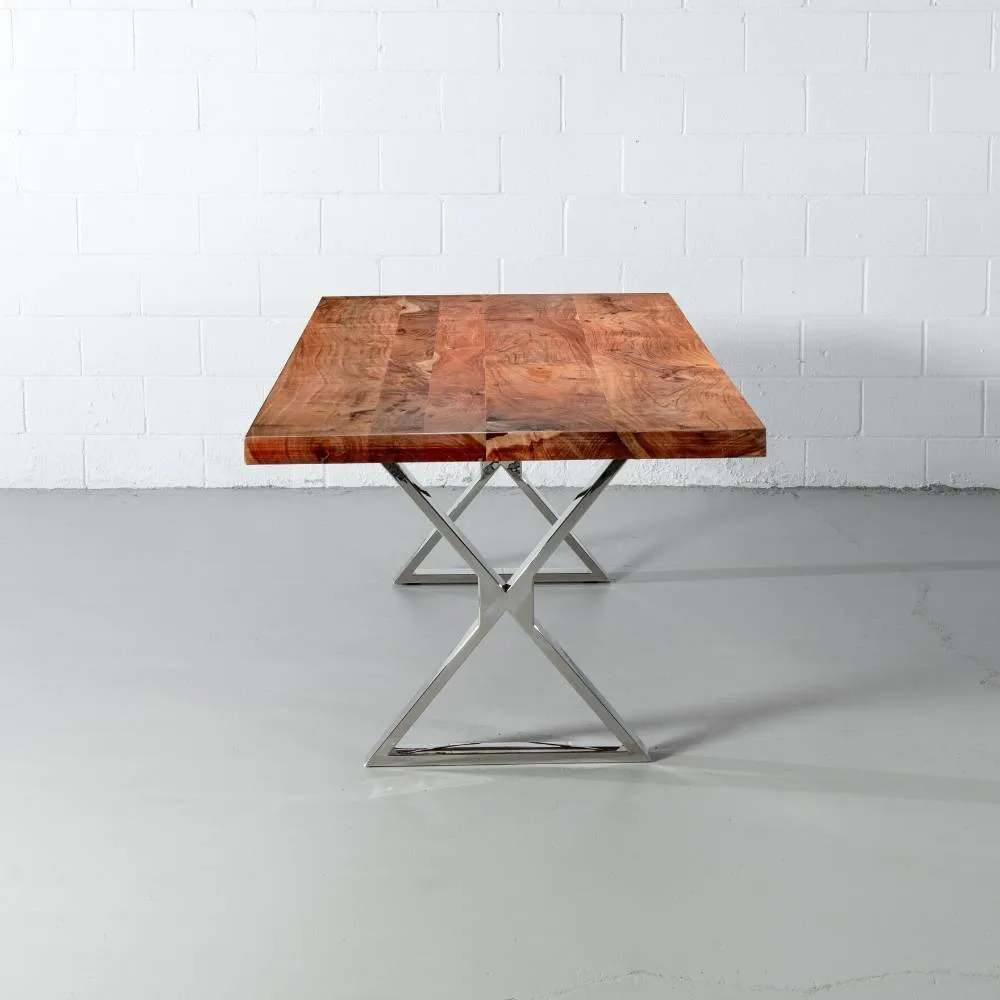 Straight Cut Acacia Wood Table with Chrome X-Shaped Legs/Natural Colour