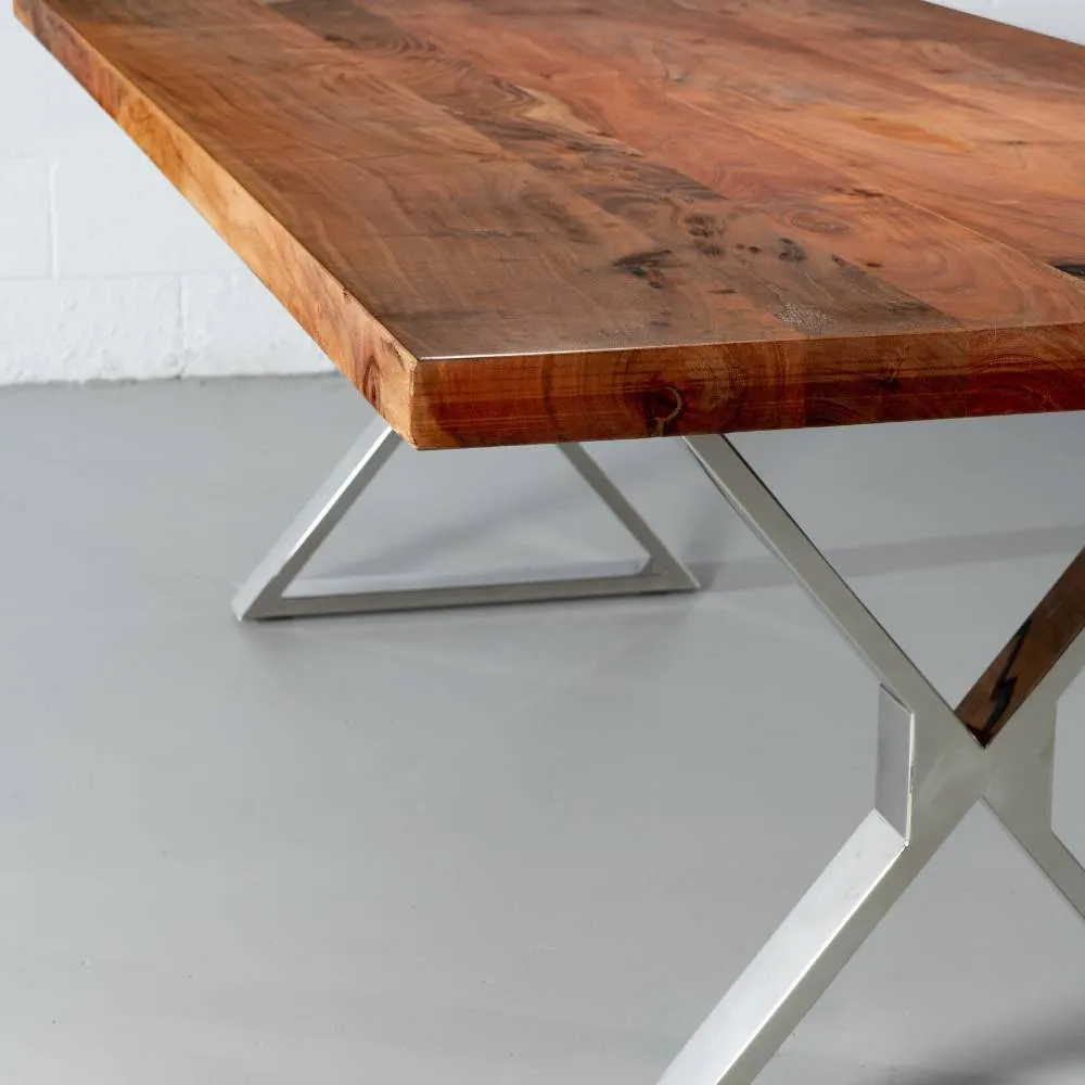 Straight Cut Acacia Wood Table with Chrome X-Shaped Legs/Natural Colour