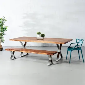 Straight Cut Acacia Wood Table with Chrome X-Shaped Legs/Natural Colour