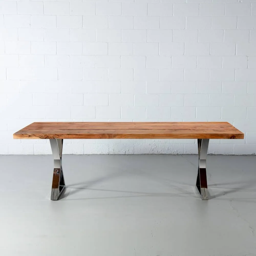 Straight Cut Acacia Wood Table with Chrome X-Shaped Legs/Natural Colour
