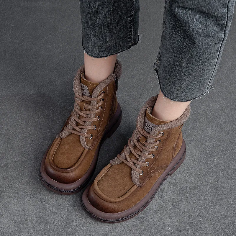 Women Leather Soft Furred Flat Snow Boots