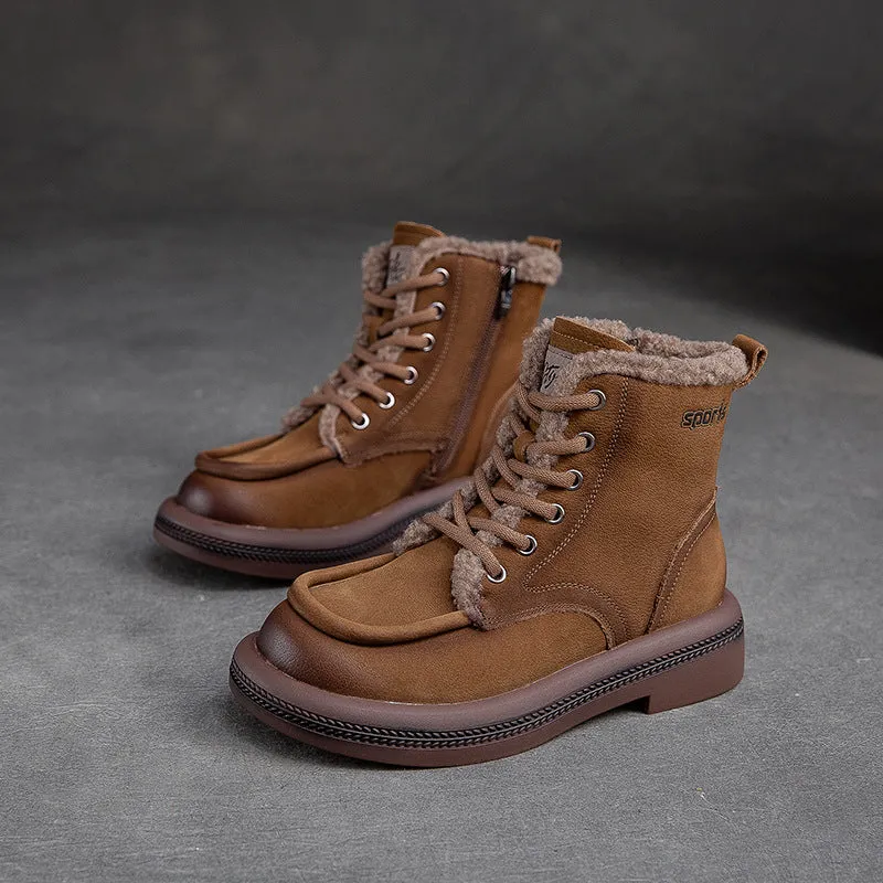 Women Leather Soft Furred Flat Snow Boots