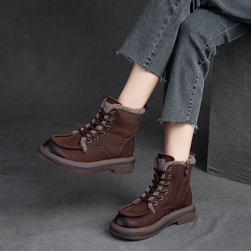 Women Leather Soft Furred Flat Snow Boots