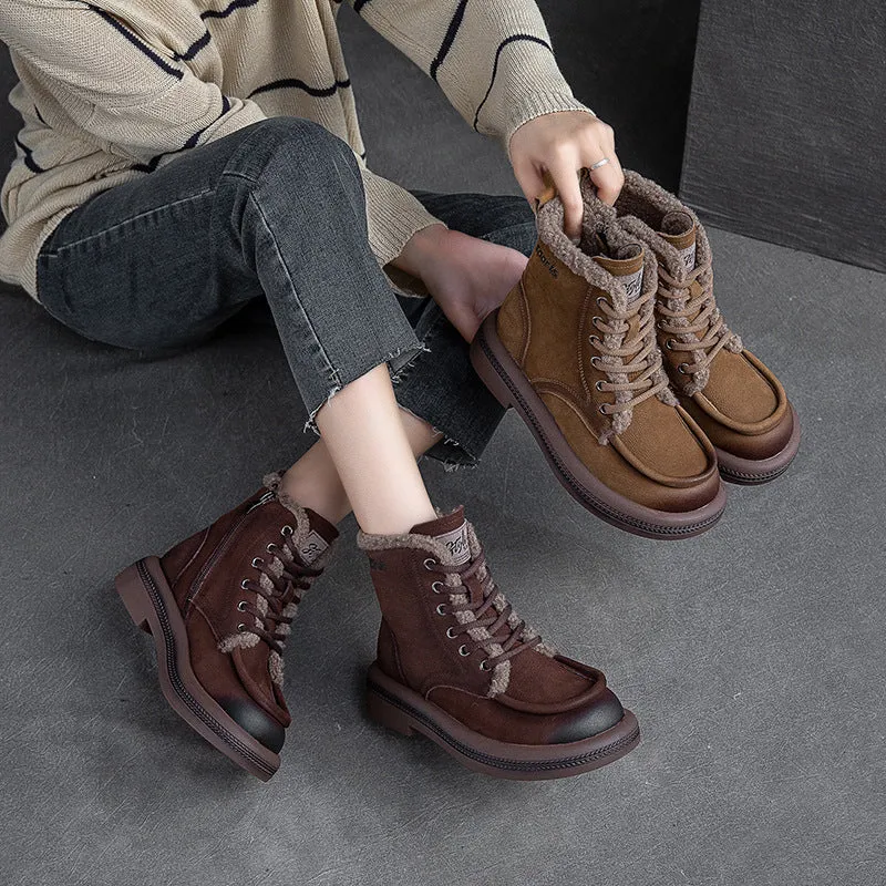 Women Leather Soft Furred Flat Snow Boots