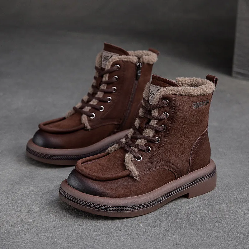Women Leather Soft Furred Flat Snow Boots