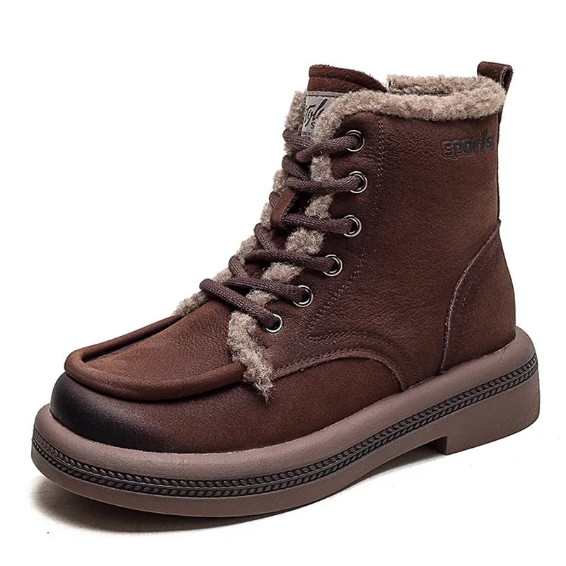 Women Leather Soft Furred Flat Snow Boots