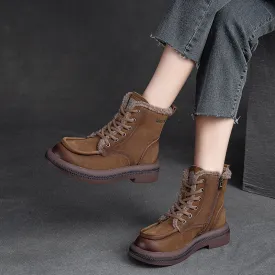 Women Leather Soft Furred Flat Snow Boots
